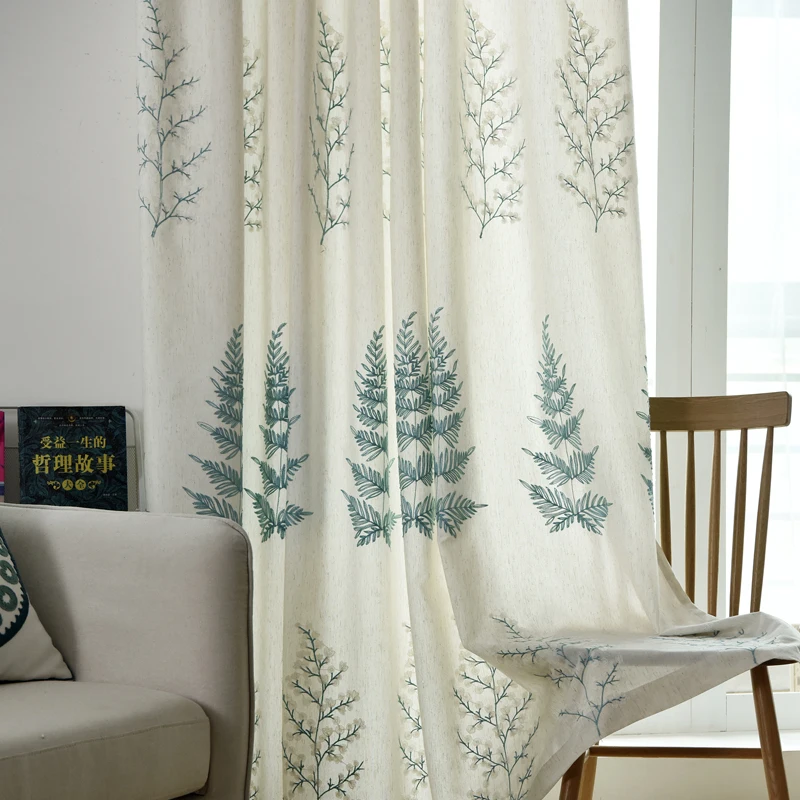Pine leaves embroidered Simple Window Linen Curtains for Bedroom Living Room Sheer Voile Drapes Custom Made | Дом и сад