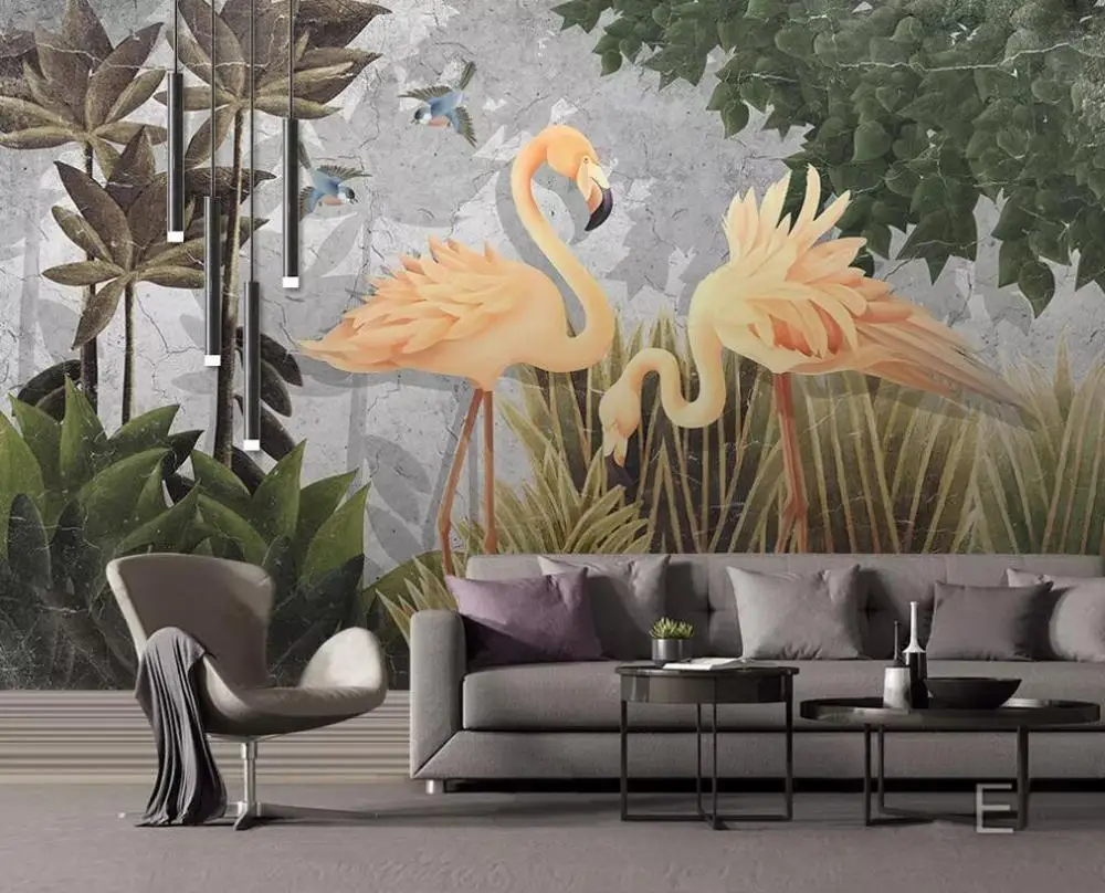 

Custom 3D mural wallpaper medieval hand-painted tropical rainforest flamingo background wall painting decorative paintings