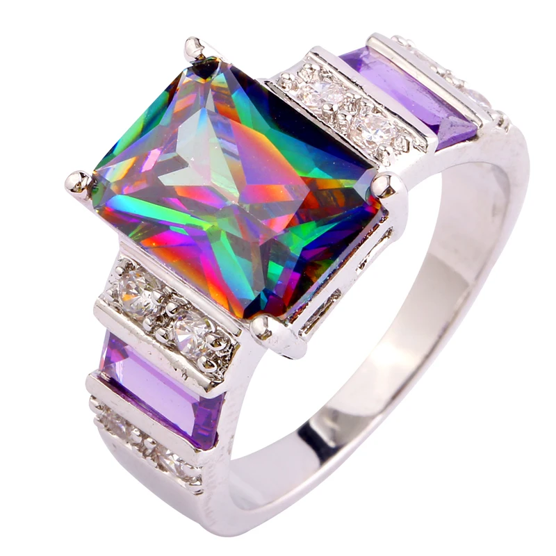 lingmei Free Shipping Women Men Mysterious Party Jewelry Rainbow Topaz Amethyst White Sliver Ring Size 6 7 8 9 10 11 12 13 | Украшения и