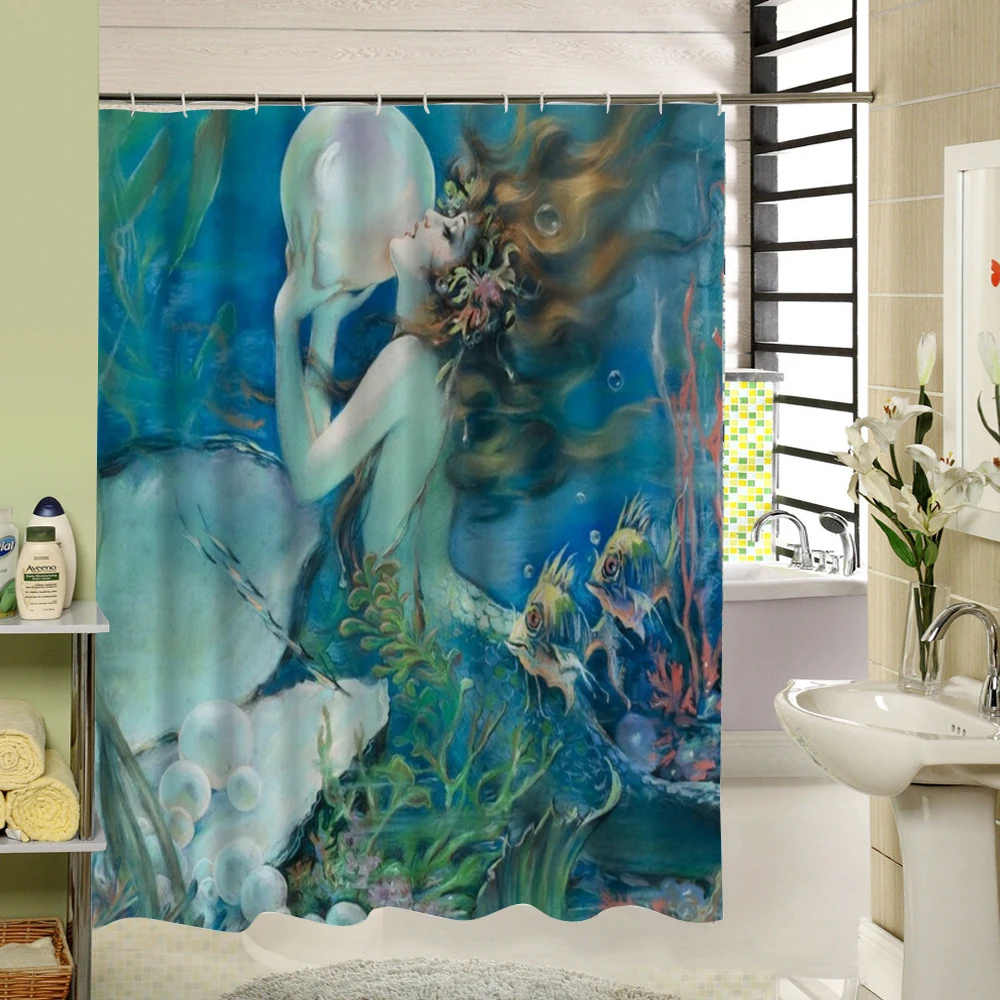 The Beautifu Mermaid With Green Hair Is Enjoying Flower In River Custom Curtain For Bathroom Waterproof Shower | Дом и сад