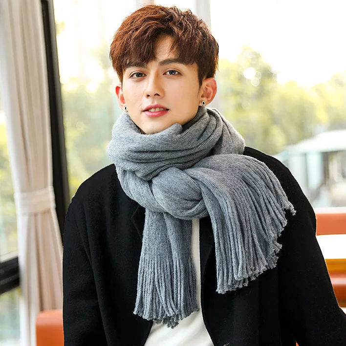 Мужской шарф VOHIO черный серый простой длинный однотонный шерстяной с кисточками