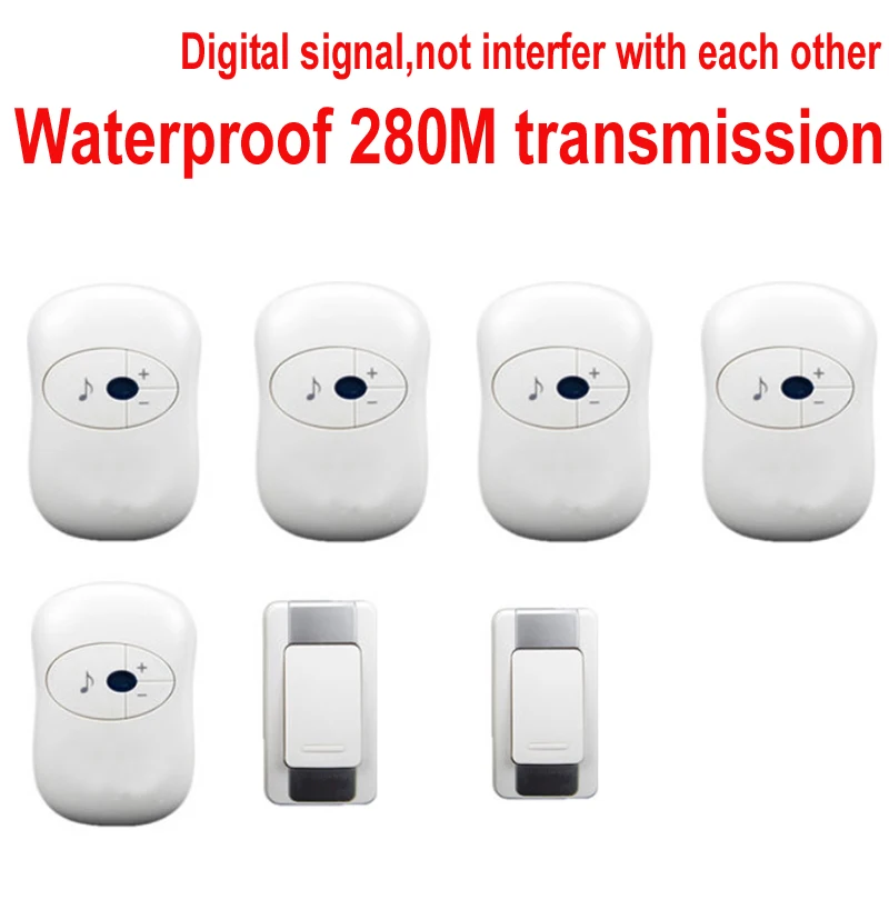 New Cordless Door Bell With 5 Receivers + 2 Push Waterproof 280 Meters Long-range Working Wireless Doorbell Home Chime Ring