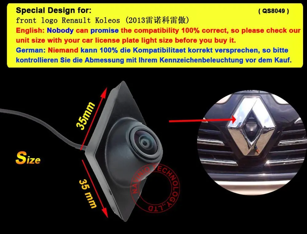 Navinio Автомобильная фронтальная парковочная камера с логотипом для Renault Koleos Fluence