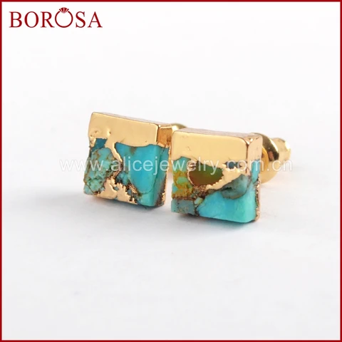 Женские серьги-гвоздики BOROSA, 5/10 пар, золотистые квадратные медные серьги из натуральной бирюза 7 мм, серьги из синего камня, G1648
