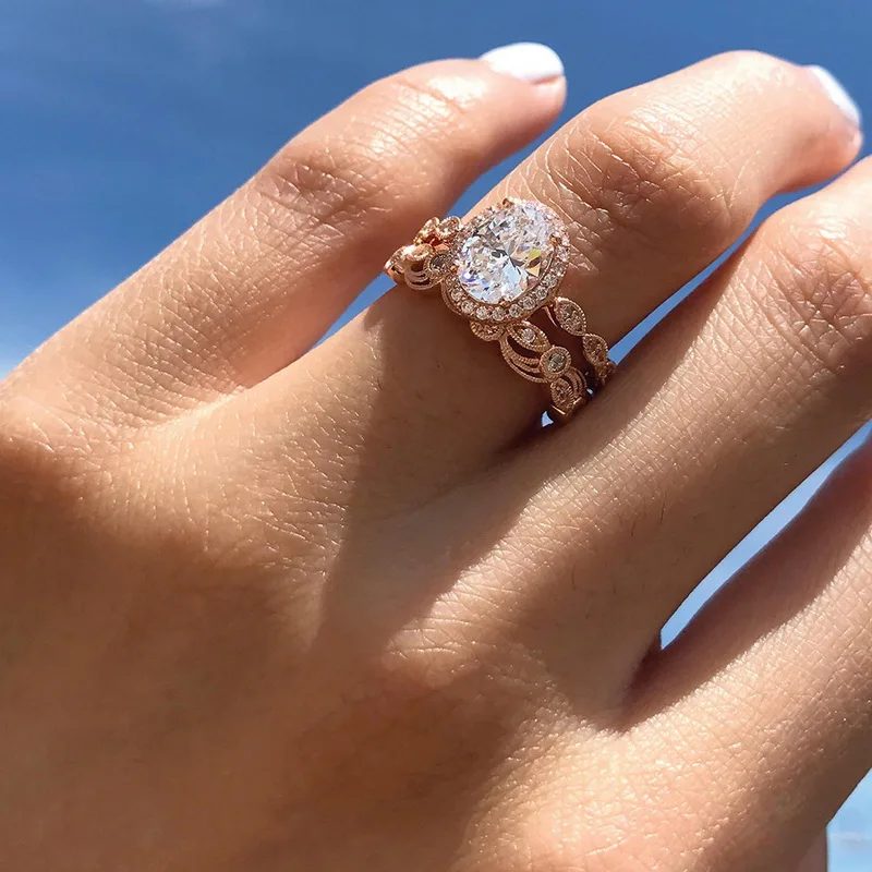 FUNIQUE 2 шт./компл. овальное кольцо с фианитом ювелирное изделие 2018 розовое золото - Фото №1