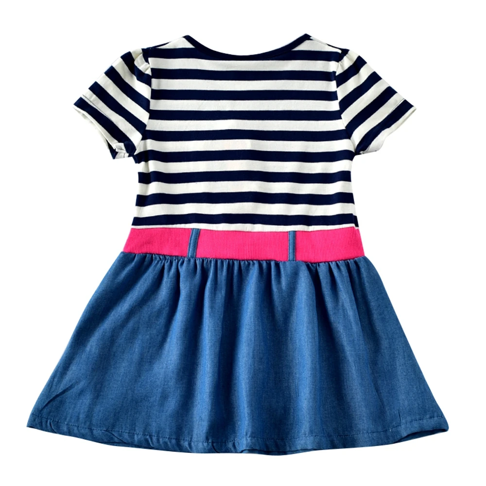 Girls Baby Short Sleeve Cartoon Dress Summer New Kids Wearing Denim Belt Round Neck Embroidered H7123 | Детская одежда и обувь