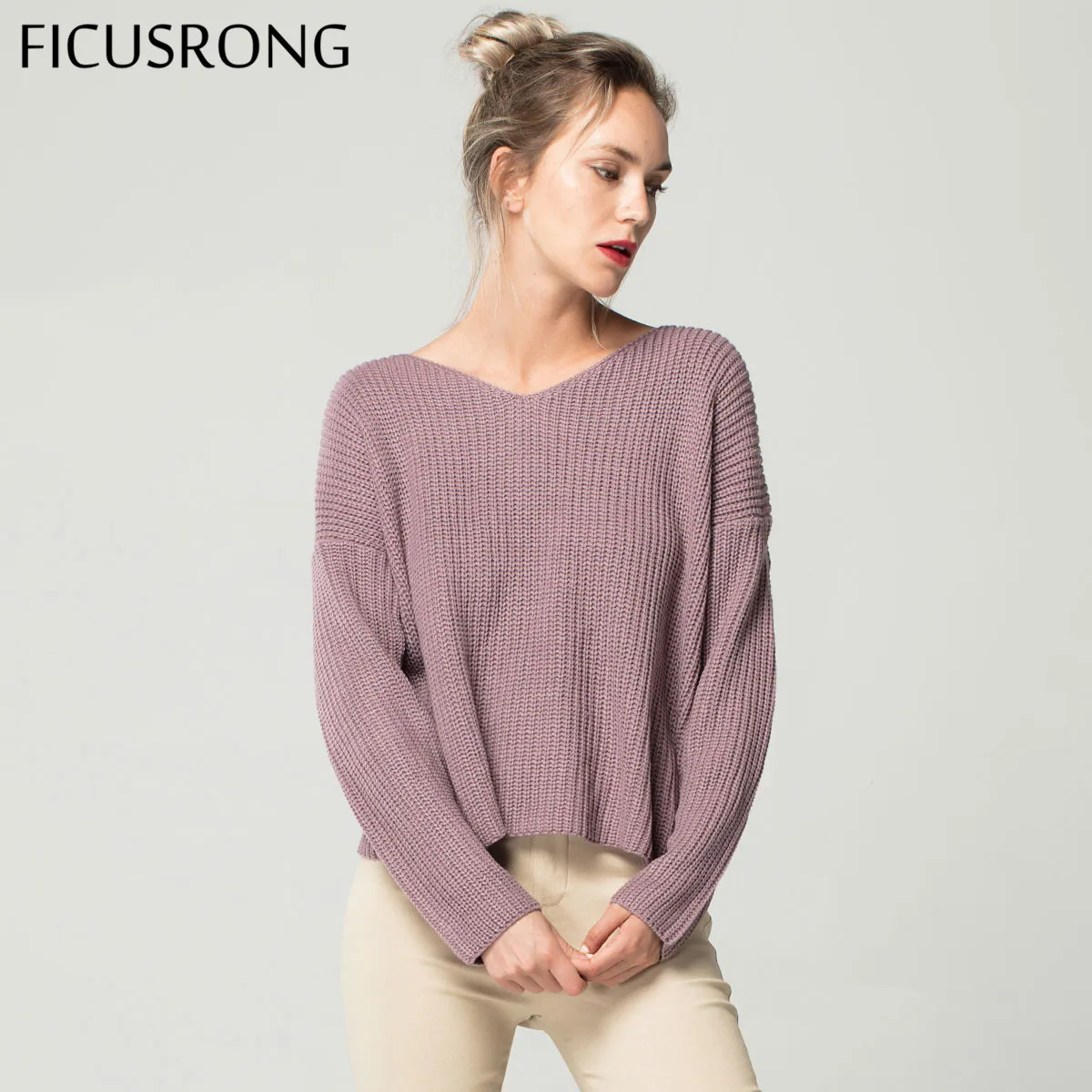 2019 V Neck Twisted Back Sweater Women Jumpers Autumn Pullovers Casual Tops Long Sleeve Knitted Sweaters pull femme FICUSRONG | Женская