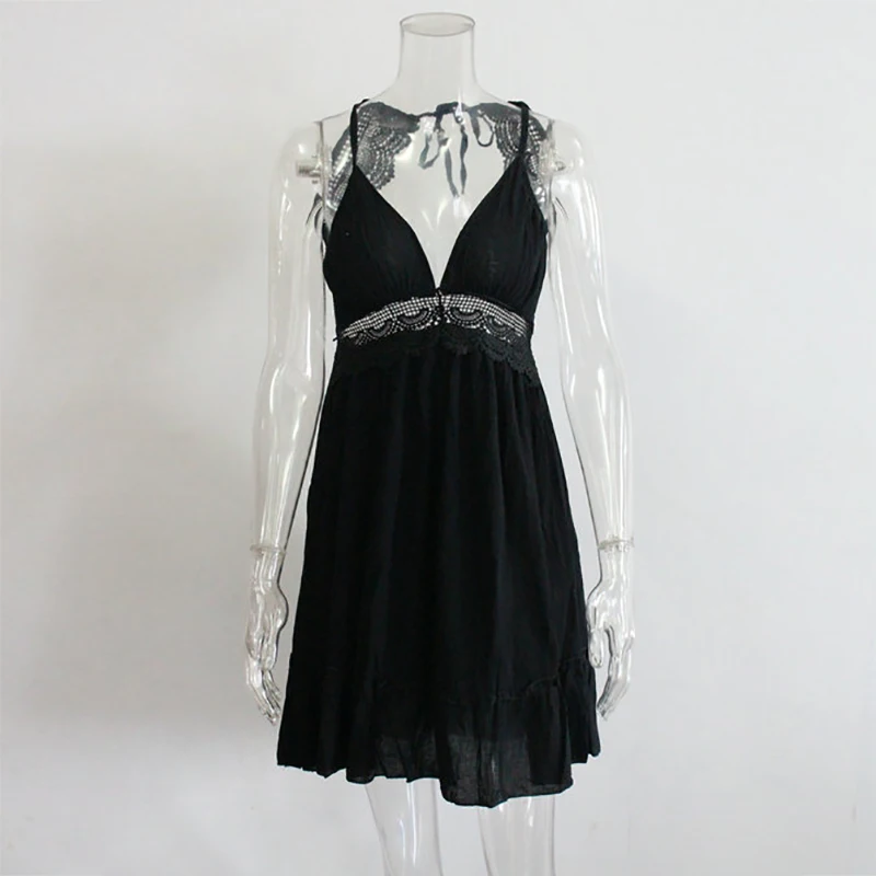 Черный Boho Dress платье летнее женское крючком кружевными рюшами пляжное платье v-образным вырезом Спагетти ремень спинки сексуальные мини летнее платье сарафан женский летний платье женское - Цвет: Черный