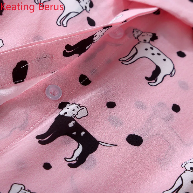 100% Шелковая Женская Летняя шелковая розовая рубашка с принтом свободные тонкие