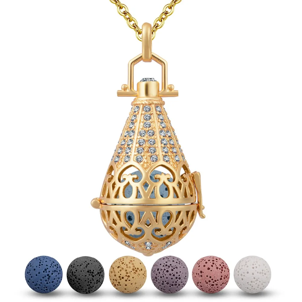 EUDORA Copper Plated Gold Water Drop Pendant Necklace 16mm Crystal Locket Cage with Volcanic Lava Stone Ball Women K113G | Украшения и