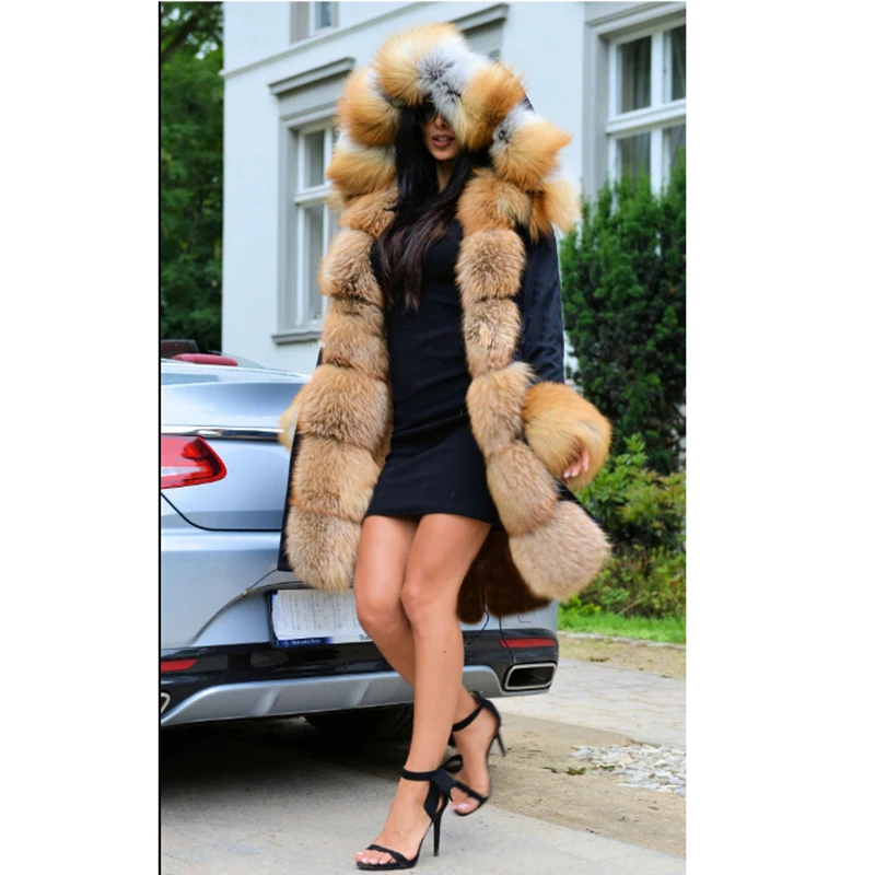 Tatyana Furclub Real Fur Parkas For Women Winter Outwear With Natural Fox Fur Collar Black Fur Jacket 80CM Long Coats Trendy
