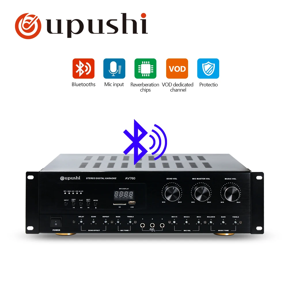 Oupushi профессиональные караоке усилитель мощности 250 Вт+ 250 Вт Bluetooth управление для домашнего кинотеатра, усилитель