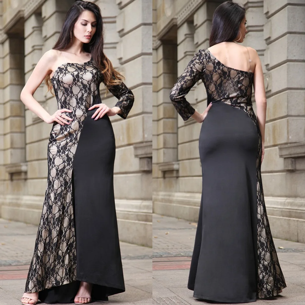 2017 Женщины Повседневная Кружева Dress Спинки Империя Одно Плечо Боди Макси
