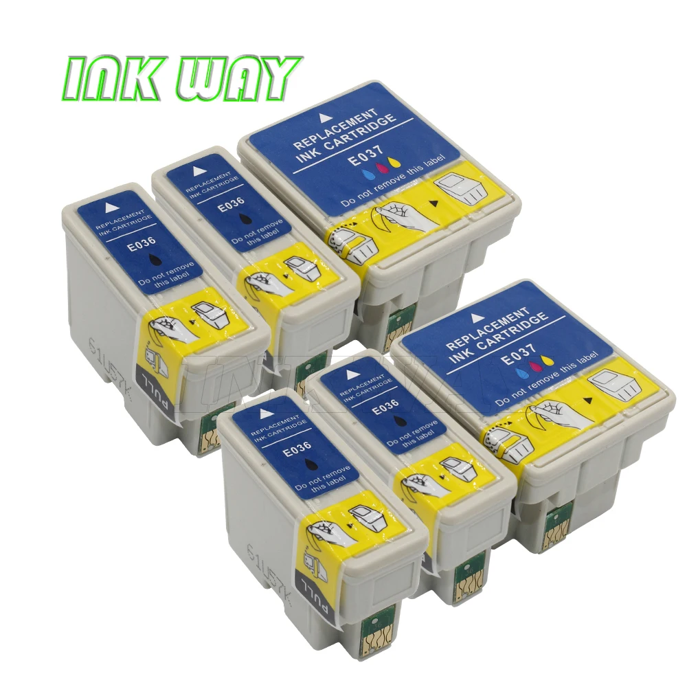

INK WAY 6 PACK T036 T037 Non-OEM Chipped Compatible Ink Cartridges for Stylus C42UX,C44UX,C46 with ink