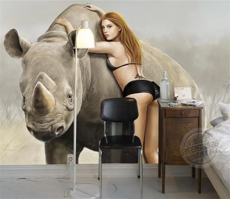 3d room wallpaper custom murals non-woven wall sticker Rhino beauty beast painting background photo for | Обустройство дома