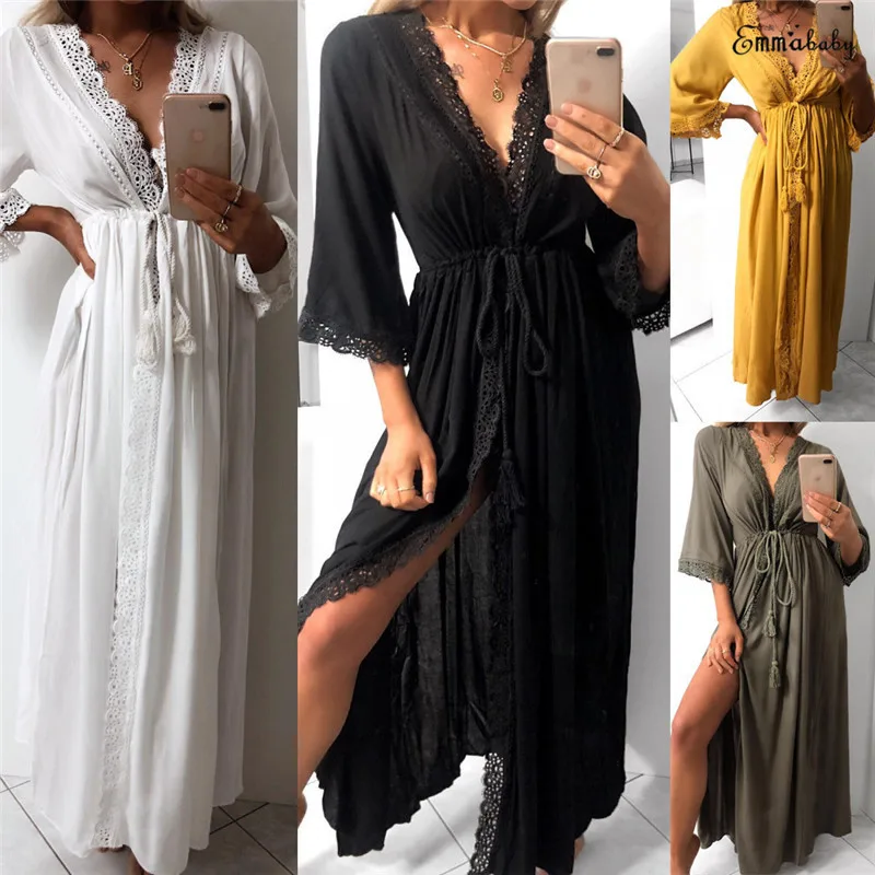 Фото 2019 Fashion Women Deep V Long Sleeve Kimono Dress Shawl Cardigan Loose Sleep Wear Lace SleepWear Silk Nighty Sleeping Женская одежда 2019 Fashion Women Deep V Long Sleeve Kimono Dress Shawl Cardigan Loose Sleep Wear Lace SleepWear Silk Nighty Sleeping Женская одежда