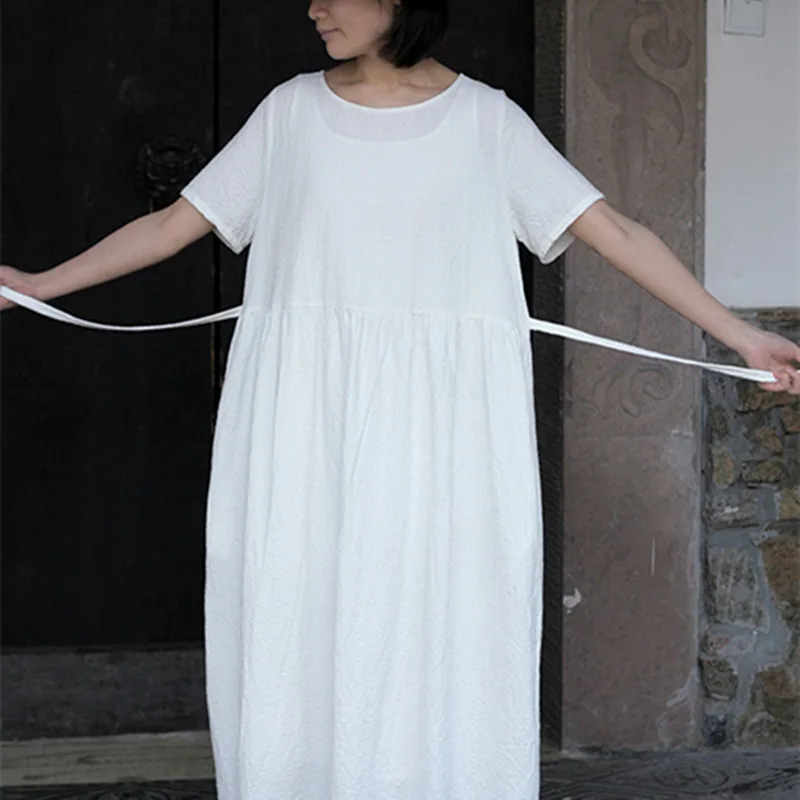 Johnature Cotton Linen Jacquard Women Long Dresses Vintage 2021 Summer Loose Sashes Lace Up Solid Color Short Sleeve | Женская одежда