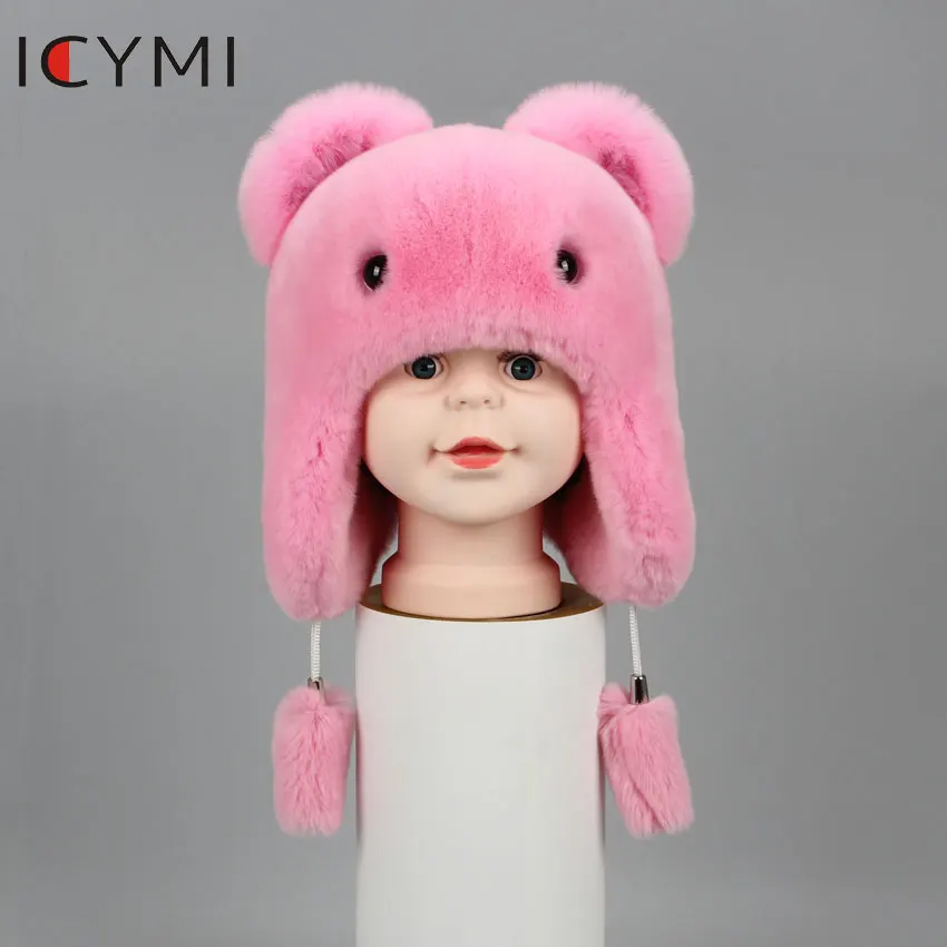 ICYMI Cute Winter Bear fur hat boys girls real rabbit hat children earmuffs warm fur Bomber hats rabbit fur caps