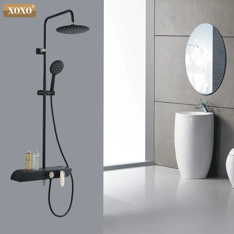 

XOXO Shower Faucet Cold and Hot Water Mixer Golden White Shower Mixer System Wall Mount Storage Shelf Bath Shower Set FaucetH801