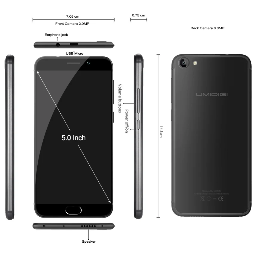 UMIDIGI G Android 7 0 смартфон MTK6737 четырехъядерный 5 дюймовый экран сотовый телефон 2G ram 16G