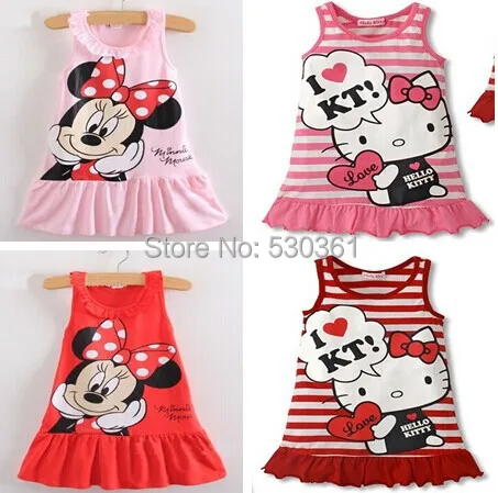 New 2016 Kids girls clothes cute cartoon Dress, 2 colors of red and pink nice Clothes, lovely baby girls dress