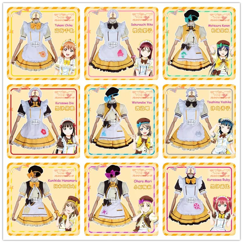 

Anime Lovelive Sunshine! Aqours Coffee Shop Dessert Striped Maid Dress Riko Kanan You Chika Cosplay Costume Halloween Suit For