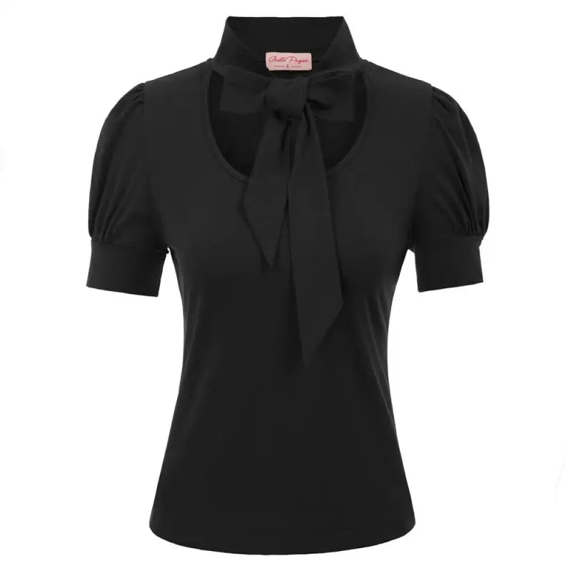 Belle Poque women's 1950s Ретро винтажная блуза с галстуком бабочкой со стоячим воротником