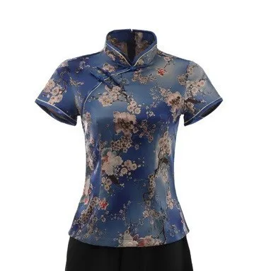 navy Blue Sheng Coco женские топы в китайском стиле, зеленые Топы Cheongsam, шелковые атласы, китайская рубашка, элегантные топы с принтом пиона, китайская одежда - Цвет: navy Blue