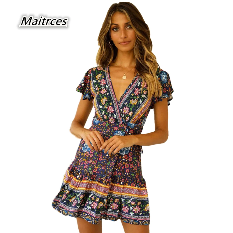 2019 Womens V-Neck Boho Floral Chiffon Summer Wrap Bandge Party Evening Beach Short Mini Dresses Sundress 190314 | Женская одежда
