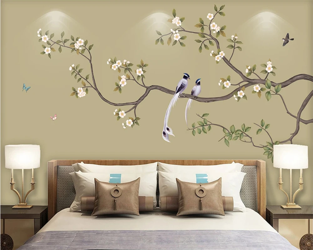 beibehang Custom wallpaper hand drawn flowers birds background plum blossom peach wall papers home decor papier peint | Обустройство