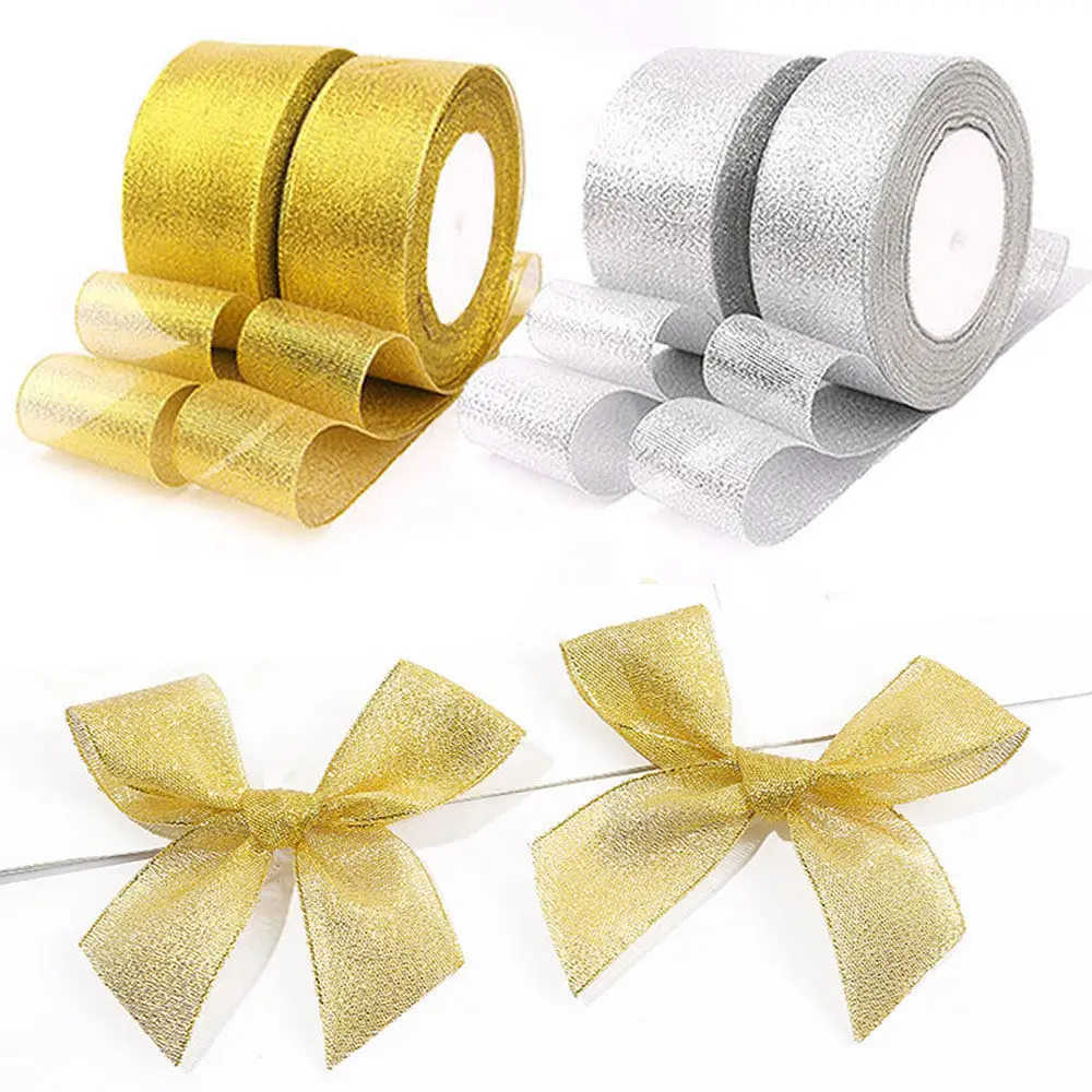 

25Yard 22M Gold Silver Glitter Satin Ribbons for Christmas Wedding Party Decoration DIY Craft Cake Gift Bow-knot Packing Ribbon