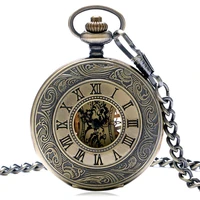 steampunk bronze copper mechanical pocket watch skeleton chain roman numbers vintage pendant watches with 30cm chain gifts p839c