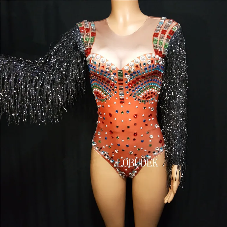 Black Tassel Sleeve Colorful Rhinestones Bodysuit Nightclub Lady DJ Singer Performance Costume Elastic Skinny Catsuit Stage Wear