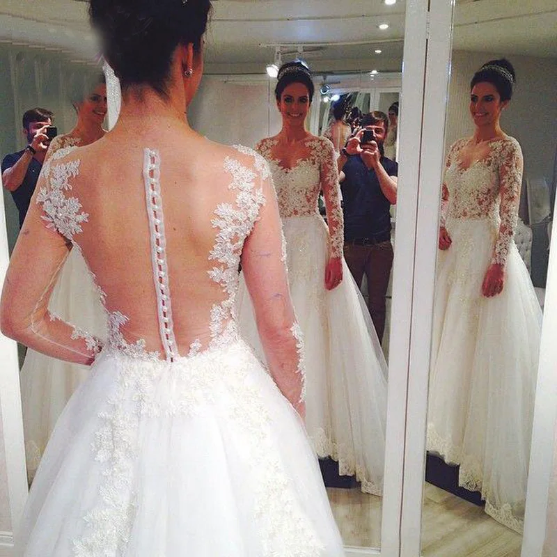 Принцесса 2016 Белое Кружево Свадебные Платья Иллюзия Длинные Рукава Sexy Back Бальное