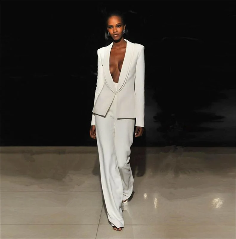 White Custom Made Women Pantsuits Work Pant Suits OL 2 PCS Sets Women Blazer(Jacket+Bell-bottomed Pants Suit)For Women Set Party