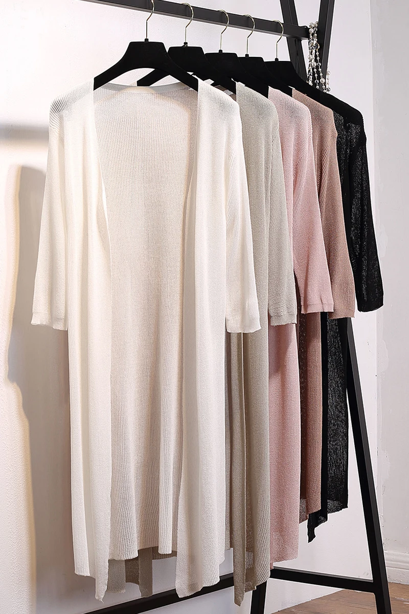 gkfnmt Women Summer Cardigan 2018 New Three Half Sleeve Casual Thin Coat Loose Long Knit Sun Protection Tops Ice silk |