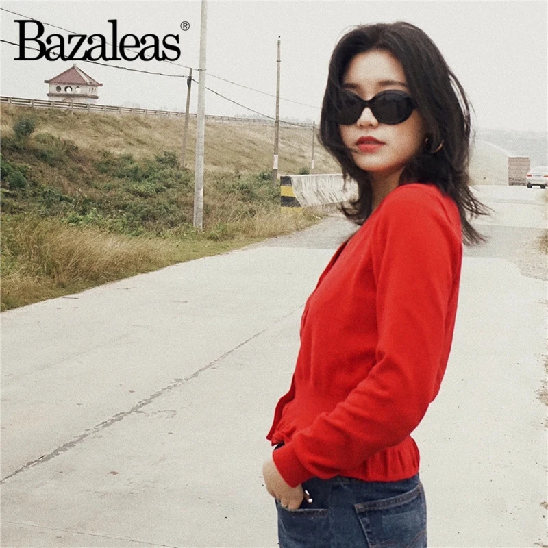 Bazaleas Autumn Vintage waistcoat V Neck harajuku Kintted Carfigans Fashion red Women Sweater Casual Bottom Ruffles |