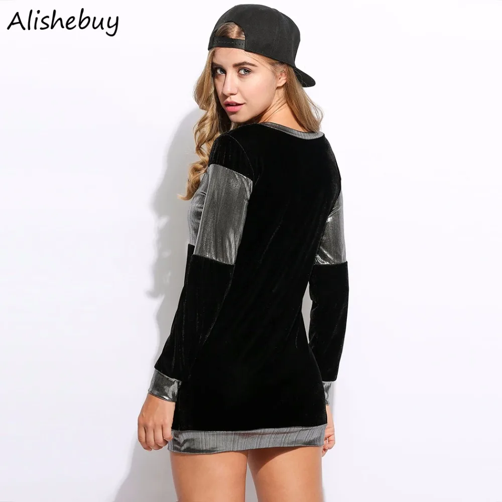 Fashion Women Casual Tshirts O-Neck Long Sleeve T-shirts Ladies Sliver Patchwork Pullover Splicing Velvet SVH032357 | Женская одежда