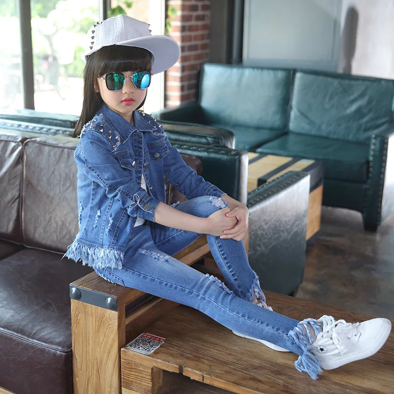 Spring Kids Denim Sets Coat + Jeans Pants Child Casual Outerwear Coat - Autumn Solid Clothing for Girls image 5
