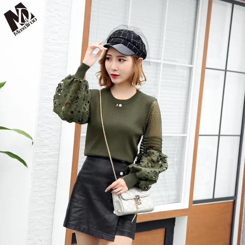 MAXDIROO Women Spring Autumn Pearl Beading Hollow Out Lantern Sleeve Pullover And Sweaters Lace Patchwork Winter Pull Sweater | Женская