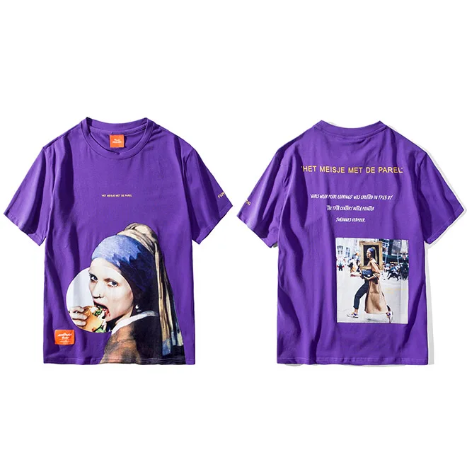 A58SH203 Purple Забавная футболка для девочек с жемчужными серьгами, Мужская футболка в стиле хип-хоп, уличная летняя футболка, хлопковые голландские топы, футболки с коротким рукавом - Цвет: A58SH203 Purple