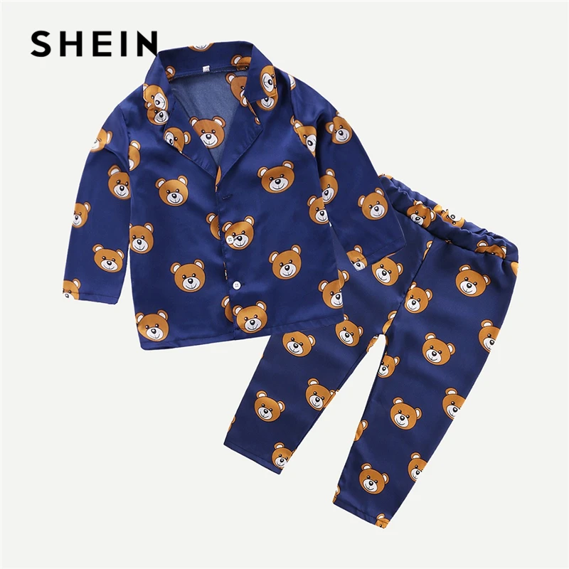 SHEIN/Детская рубашка на пуговицах с рисунком медведя из мультфильма и штаны, пижамный комплект, одежда для сна для мальчиков, г. Весенний повседневный комплект одежды для сна с длинными рукавами