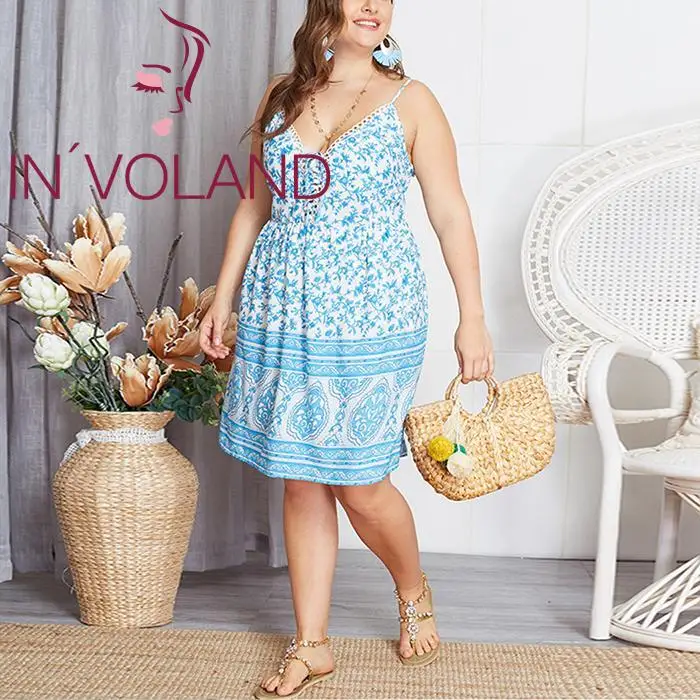 IN'VOLAND Plus Size Women Dress Summer Casual Spaghetti Strap Sleeveless Floral Knee Length Front Cross Dresses Female Vestidos | Женская