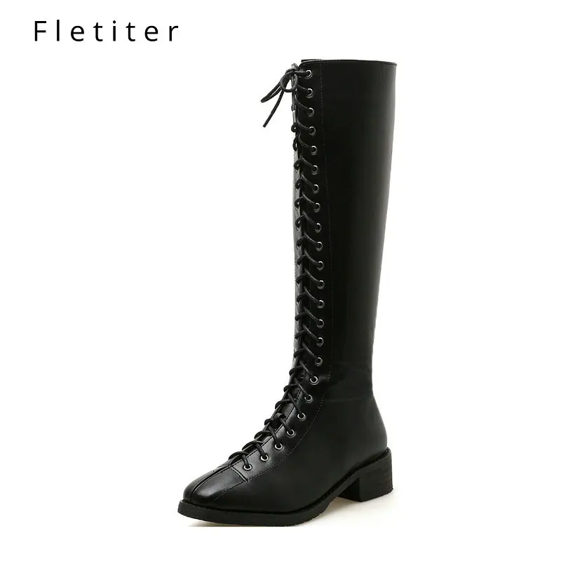 Black boots Флисовая зимняя обувь; осенние сапоги до колена на шнуровке; женская модная черная кожаная обувь на квадратном каблуке; Лидер продаж; размеры 34-40 - Цвет: Black boots