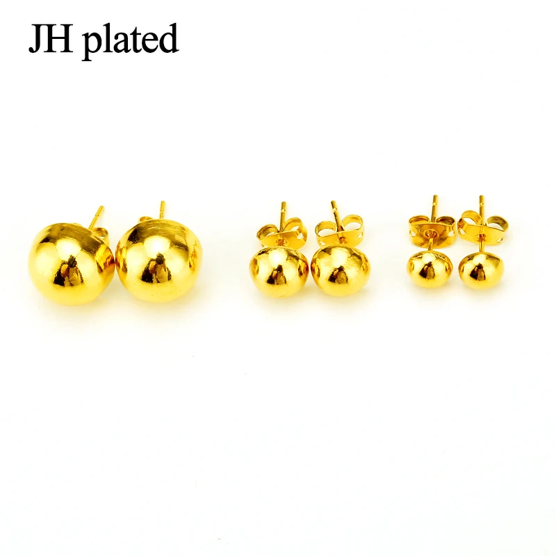 JHplated 4mm&amp6mm&amp8mm&amp12mm 24K Ear Stud Ethiopian Middle East African Half Ball Earring For Women Gift |