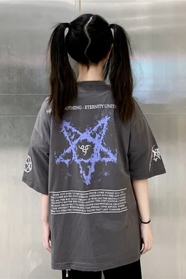Серый Harajuku Darkness женская футболка фиолетовая молния звезды печатные o-образным вырезом с коротким рукавом черный серый повседневные женские футболки Готический Тройник - Цвет: Серый