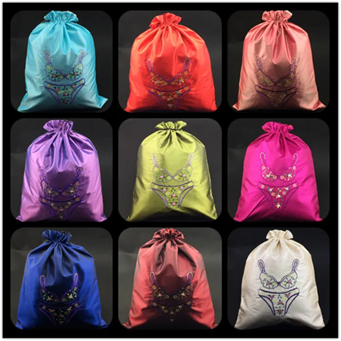 Embroidery Drawstring Extra Large Jewelry Pouch Satin Cloth Storage Bag Travel Bra Underwear Bag Gift Packaging 10pcs/lot
