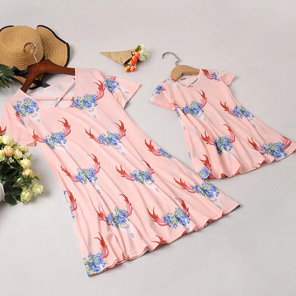 Мама и я детская юбка с коротким рукавом о-образным вырезом цветочным принтом