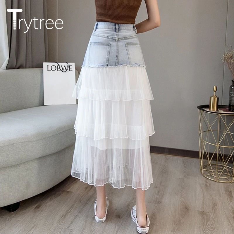 Trytree Летняя женская юбка с каскадными оборками карманами Джинсовая в стиле