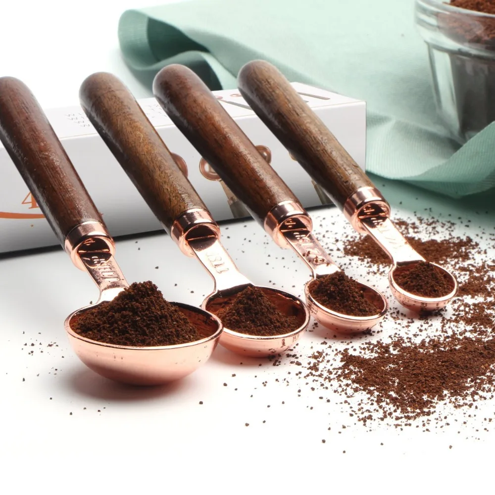 2019 Медь Нержавеющая сталь набор из 4 мерные ложки с деревянными ручками Кухня